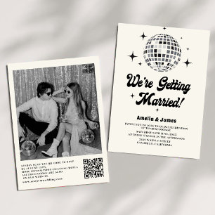 Retro Disco Ball Zwart Wit QR Code Bruiloft Kaart