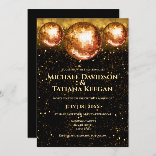 retro disco ballen zwarte goudglitters bruiloft kaart (Voorkant / Achterkant)