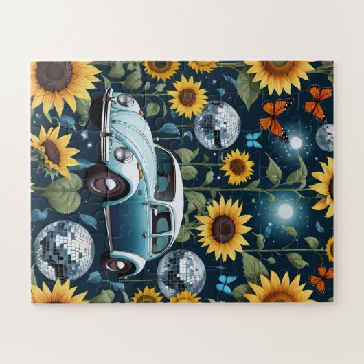 Retro Disco Balls Zonnebloemen en Hippie Bug Car Legpuzzel (Horizontaal)