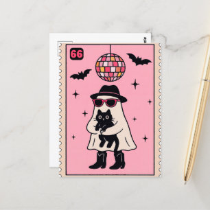 Retro Disco Ghost met Black Cat Halloween Stamp Briefkaart