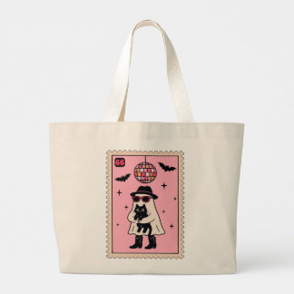 Retro Disco Ghost met Black Cat Halloween Stamp Grote Tote Bag