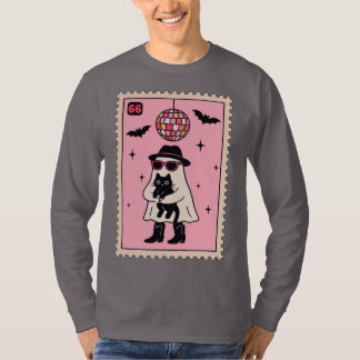 Retro Disco Ghost met Black Cat Halloween Stamp T-shirt