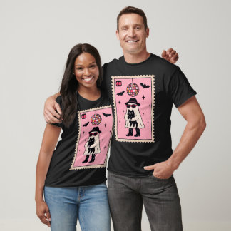 Retro Disco Ghost met Black Cat Halloween Stamp T-shirt