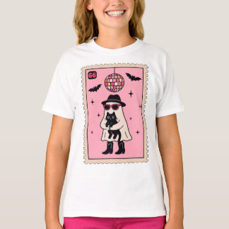 Retro Disco Ghost met Black Cat Halloween Stamp T-shirt