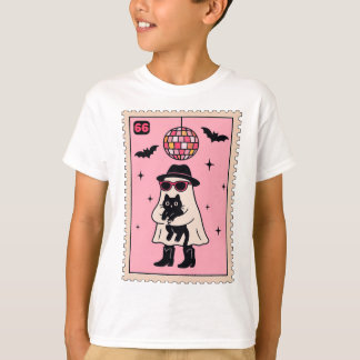 Retro Disco Ghost met Black Cat Halloween Stamp T-shirt