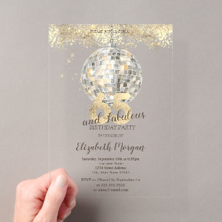Retro Disco Kroon Gouden Confetti 65e Verjaardag Acryl Uitnodigingen