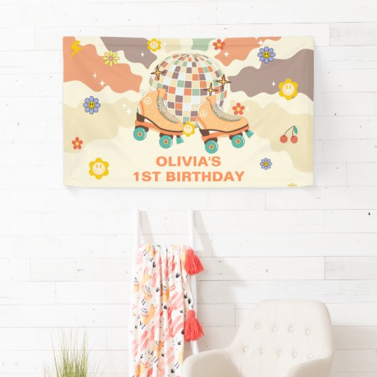 Retro Disco Roller Schaats 1e Verjaardag Spandoek (Insitu)