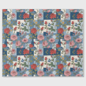 Retro Distressed Denim Patchwork en Rozen Bloemen Cadeaupapier (Vlak)