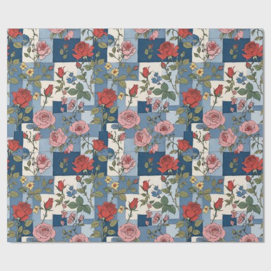 Retro Distressed Denim Patchwork en Rozen Bloemen Cadeaupapier (Vlak)
