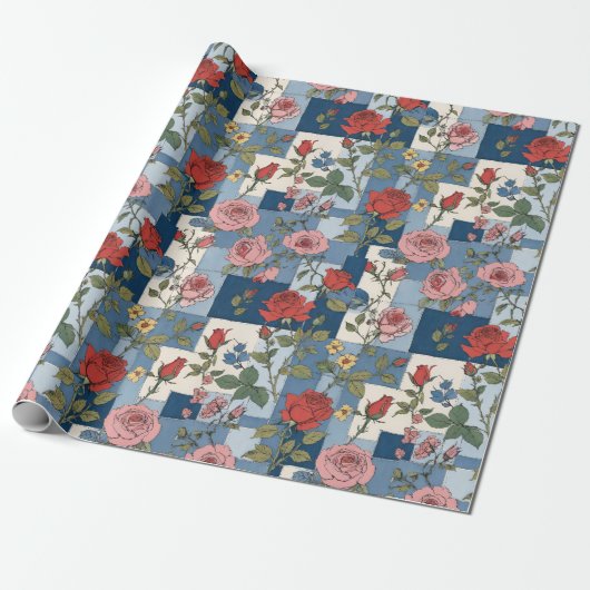 Retro Distressed Denim Patchwork en Rozen Bloemen Cadeaupapier (Uitgerold)
