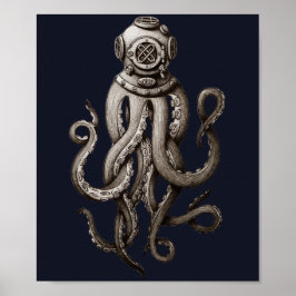  Retro Diving Suit Octopus Grafisch Ontwerp Poster
