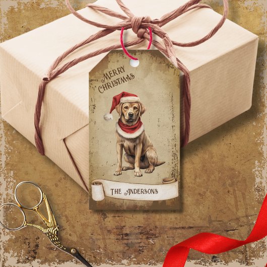 Retro  Dog met Rood Kerst Pet Cadeaulabel