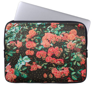 Retro donkerrode rozen polka stip bloemmotief laptop sleeve