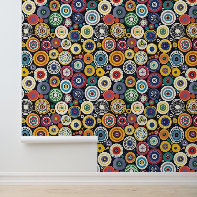Retro Doodle Circles Kleurrijk accent Behang (Applicatie)