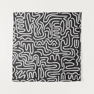 Retro Doodle golvende lijnen: Monochroom Wandkleed