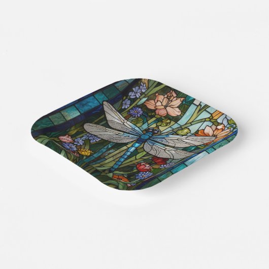 Retro Dragonfly boho bloemen botanische vlek glas Papieren Bordje (Gebogen)