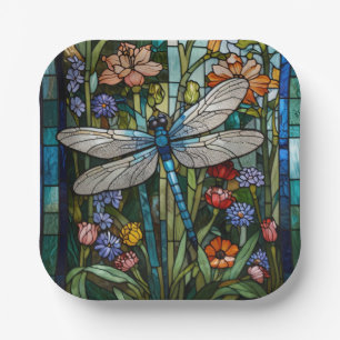Retro Dragonfly boho bloemen botanische vlek glas Papieren Bordje