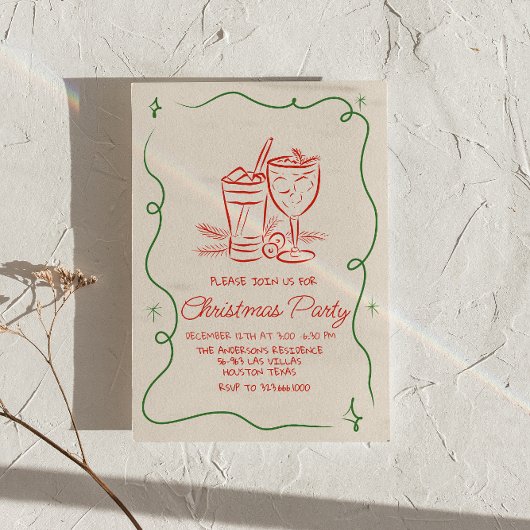 Retro Drawn Green Red Christmas Cocktail Fun Party Kaart