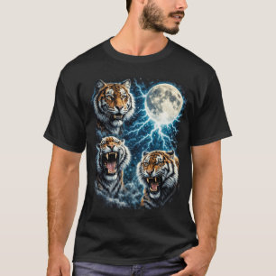Retro Drie Tijger Maan Bliksem Brullende Wilde Die T-shirt