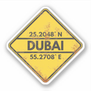 Retro Dubai Coordinates Rusty Metal Sign Sticker