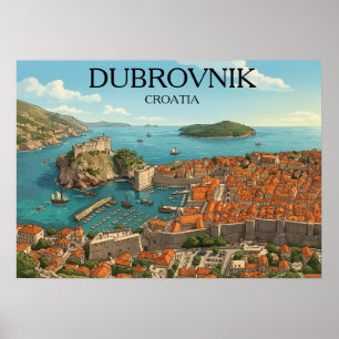 Retro Dubrovnik Adriatische Kust Illustratie Reis Poster