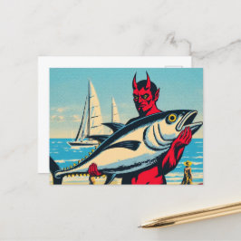 Retro Duivel met een Tunafish op het strand Briefkaart