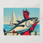 Retro Duivel met een Tunafish op het strand Briefkaart (Voorkant)