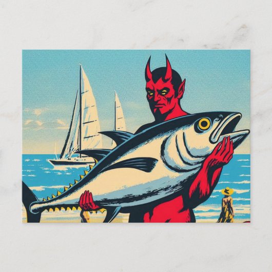 Retro Duivel met een Tunafish op het strand Briefkaart (Voorkant)
