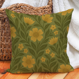 Retro Earth Tone Olive Gold Yellow Flowers Kussen