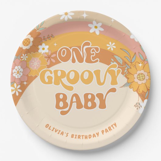 Retro één groovy baby verjaardag papieren bordje (Voorkant)