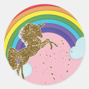 Retro Eenhoorn Regenboog & Gouden Sterren Verjaard Ronde Sticker