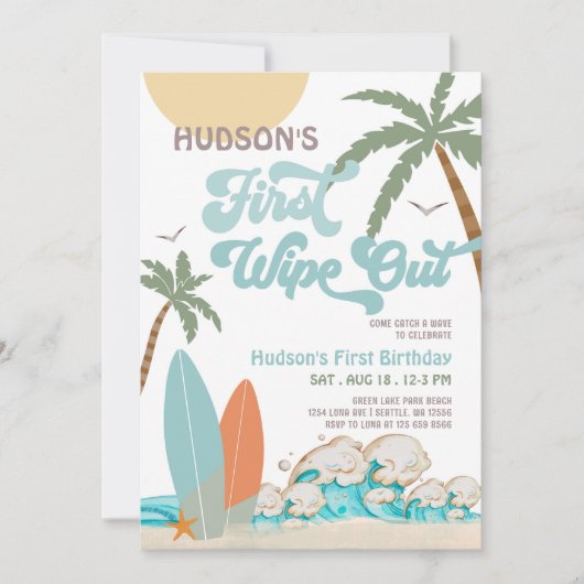 Retro eerste wipe out Surven surfen 1e verjaardag Kaart (Voorkant)