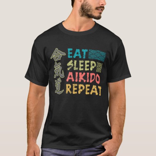  Retro Eet Slaap Aikido Herhaal Donker T-shirt (Voorkant)