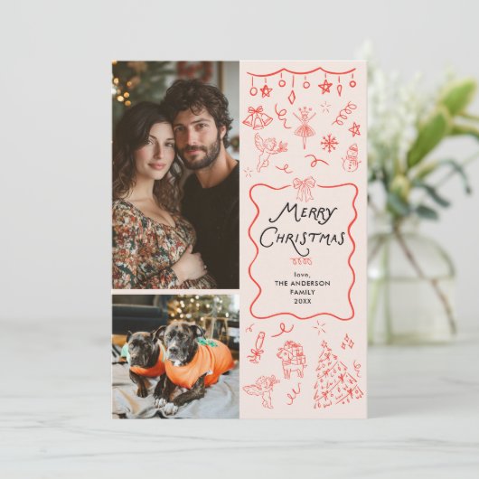 Retro Eigenzinnige Rode Hand Getrokken Vrolijke Ke Feestdagenkaart (Staand voorkant)