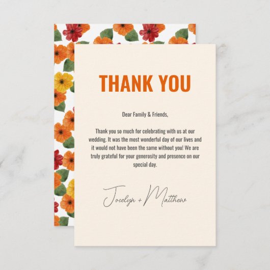 Retro Elegant Modern Bloemen Sinaasappel Bedankkaart (Voorkant / Achterkant)
