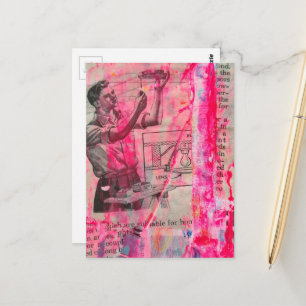 Retro elektrisch werkende man op een roze achtergr briefkaart