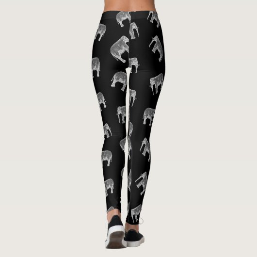 Retro Elephant Print Patroon Zwart-wit ontwerp Leggings (Achterkant)
