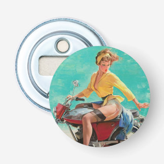 Retro Elvgren Motorfiets Biker Pin-UP Meisje Button Flesopener