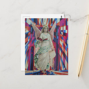 Retro engel die de brug collage kunst oversteekt briefkaart