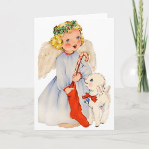 Retro Engel en Weinig Kerstkaart van het Lam Feestdagen Kaart