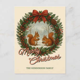 Retro Engelse Kerstkrans Met Cute Eekhoorns Feestdagenkaart