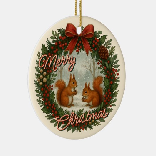 Retro Engelse vakantiekrans met Schattigee eekhoor Keramisch Ornament (Rechts)
