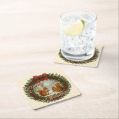 Retro Engelse vakantiekrans met Schattigee eekhoor Vierkante Kartonnen Onderzetter (Insitu)