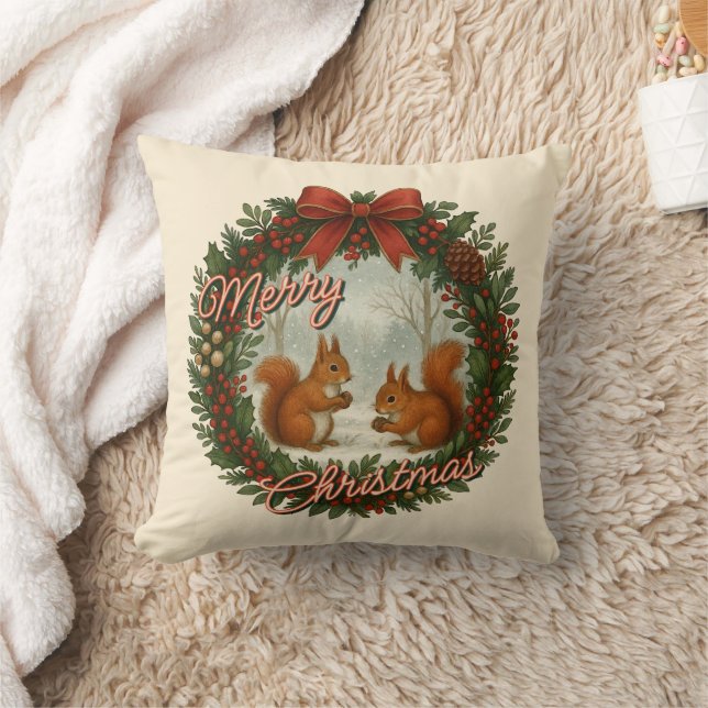 Retro English Holiday Wreath With Cute Squirrels Kussen (Deken)