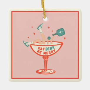 Retro eten, drinken en vrolijk pickleball kerst keramisch ornament