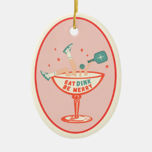 Retro eten, drinken en vrolijk pickleball kerst keramisch ornament