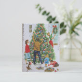  retro familie decoreren kerstboom feestdagenkaart (Staand voorkant)