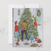  retro familie decoreren kerstboom feestdagenkaart (Voorkant)
