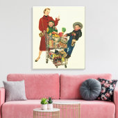 Retro familie, moeder en Kinder boodschappenwagent Canvas Afdruk (Insitu (Woonkamer))
