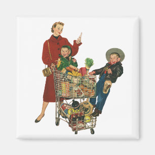 Retro familie, moeder en Kinder boodschappenwagent Magneet